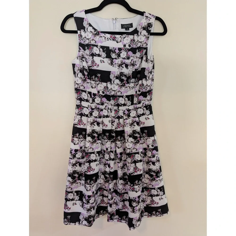 Tahari‎ Arthur S Levine Floral Striped Fit and Flare Dress Purple Black White 4